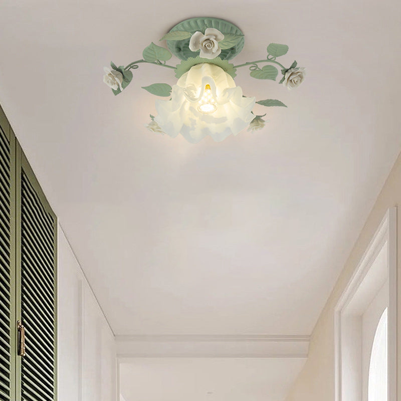 Traditional French Bellflower Leaf Semi-Flush Mount Light - 1-Light Ceramic Glass Shade for Living Room