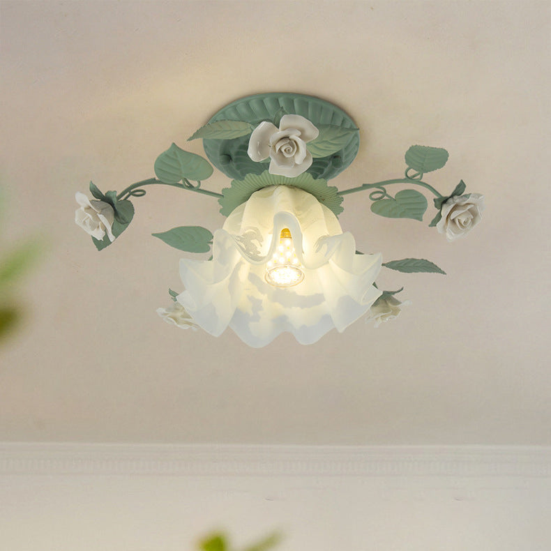Traditional French Bellflower Leaf Semi-Flush Mount Light - 1-Light Ceramic Glass Shade for Living Room