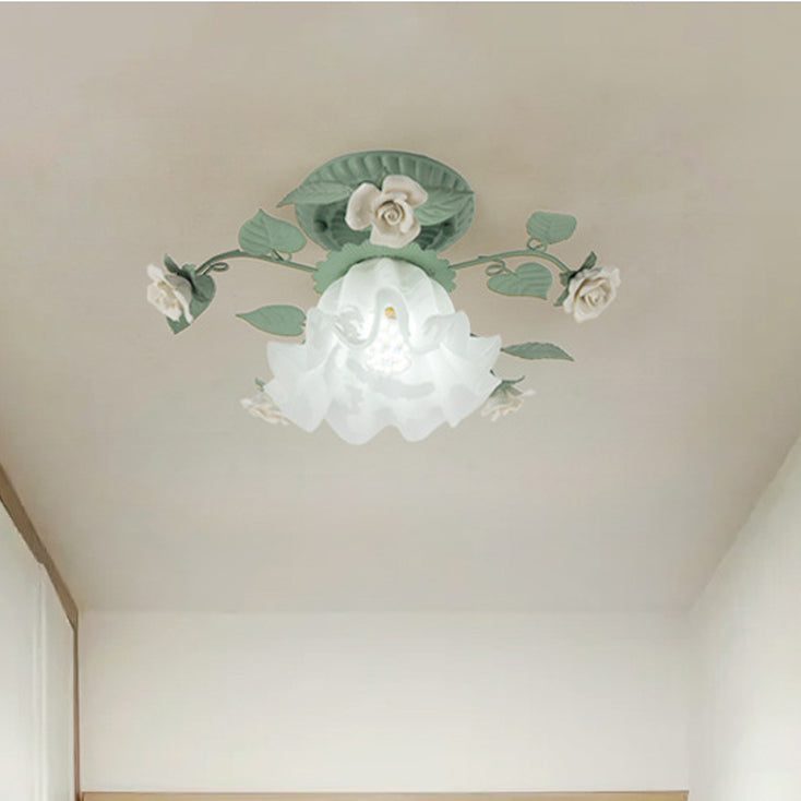 Traditional French Bellflower Leaf Semi-Flush Mount Light - 1-Light Ceramic Glass Shade for Living Room