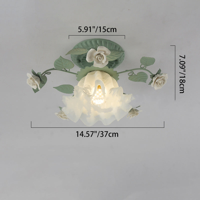Traditional French Bellflower Leaf Semi-Flush Mount Light - 1-Light Ceramic Glass Shade for Living Room