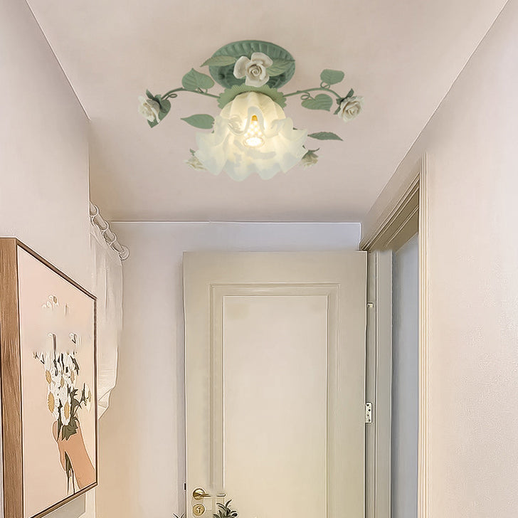 Traditional French Bellflower Leaf Semi-Flush Mount Light - 1-Light Ceramic Glass Shade for Living Room