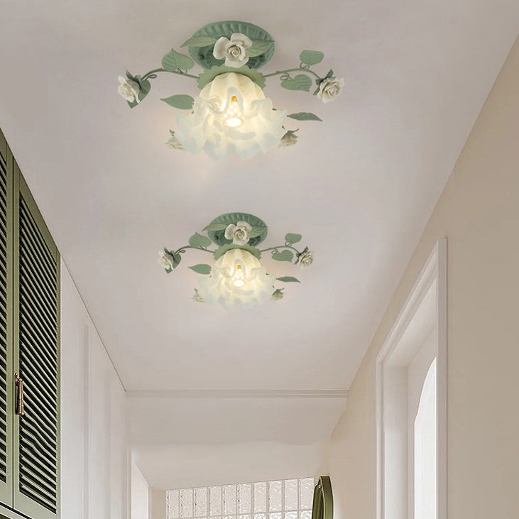 Traditional French Bellflower Leaf Semi-Flush Mount Light - 1-Light Ceramic Glass Shade for Living Room