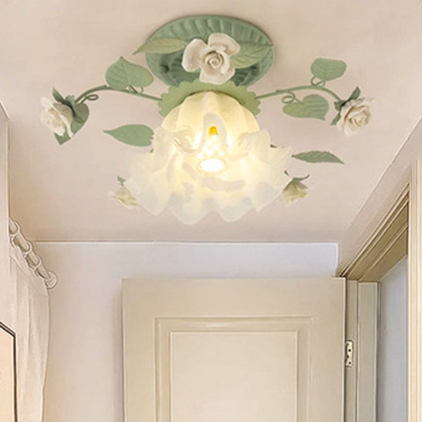 Traditional French Bellflower Leaf Semi-Flush Mount Light - 1-Light Ceramic Glass Shade for Living Room