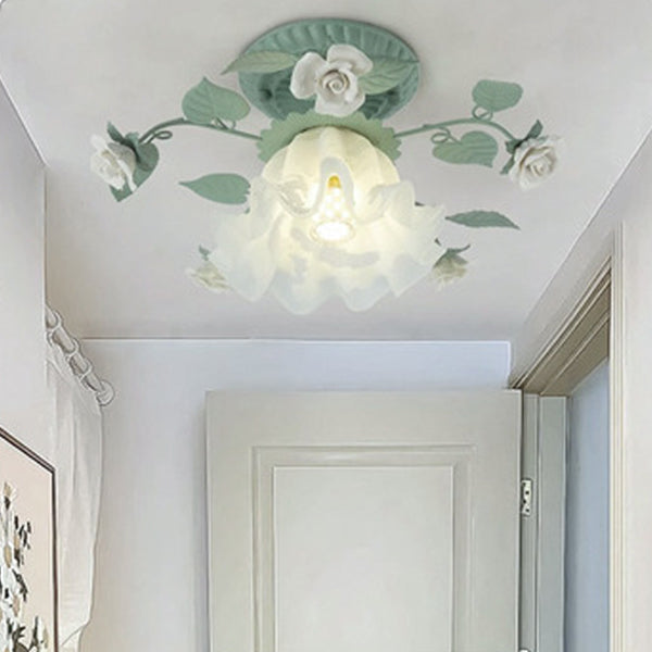 Traditional French Bellflower Leaf Semi-Flush Mount Light - 1-Light Ceramic Glass Shade for Living Room