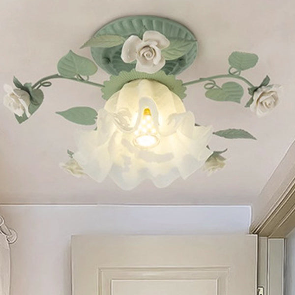 Traditional French Bellflower Leaf Semi-Flush Mount Light - 1-Light Ceramic Glass Shade for Living Room