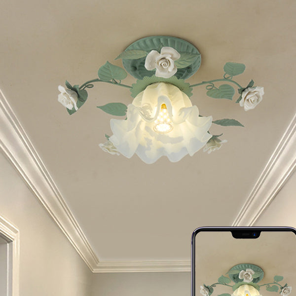 Traditional French Bellflower Leaf Semi-Flush Mount Light - 1-Light Ceramic Glass Shade for Living Room