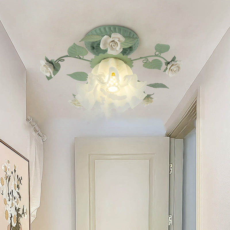 Traditional French Bellflower Leaf Semi-Flush Mount Light - 1-Light Ceramic Glass Shade for Living Room
