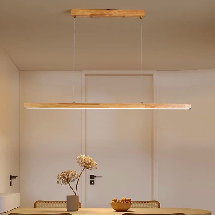Traditional Japanese Rectangular Wood Aluminum LED Chandelier for Dining Room