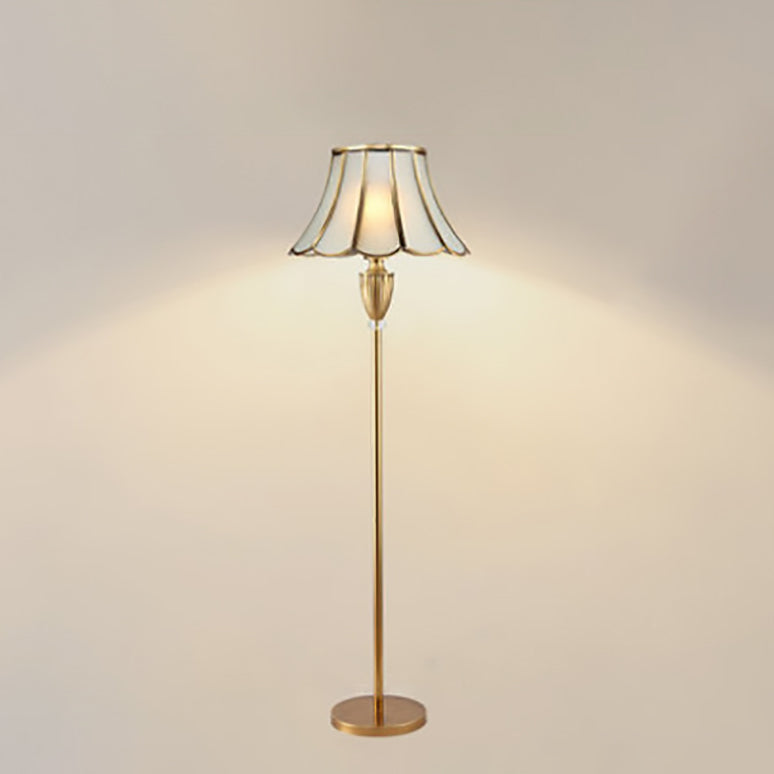 Traditional European Round Lace Copper Glass Floor Lamp - Elegant 1-Light Design for Living Room Décor, Vintage Style Lighting, Home Interior Accent, Unique Table Lamp, Warm Ambient Glow.
