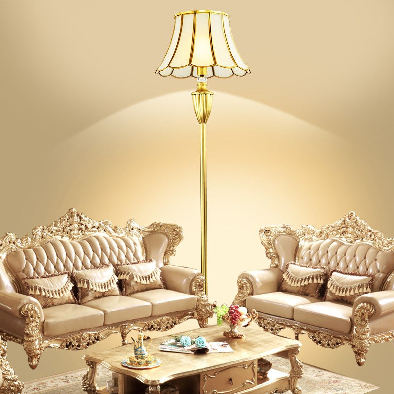 Traditional European Round Lace Copper Glass Floor Lamp - Elegant 1-Light Design for Living Room Décor, Vintage Style Lighting, Home Interior Accent, Unique Table Lamp, Warm Ambient Glow.