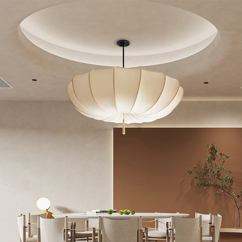 Traditional Japanese Round Iron Frame Fabric Shade Chandelier - 3/5 Light Living Room Fixture