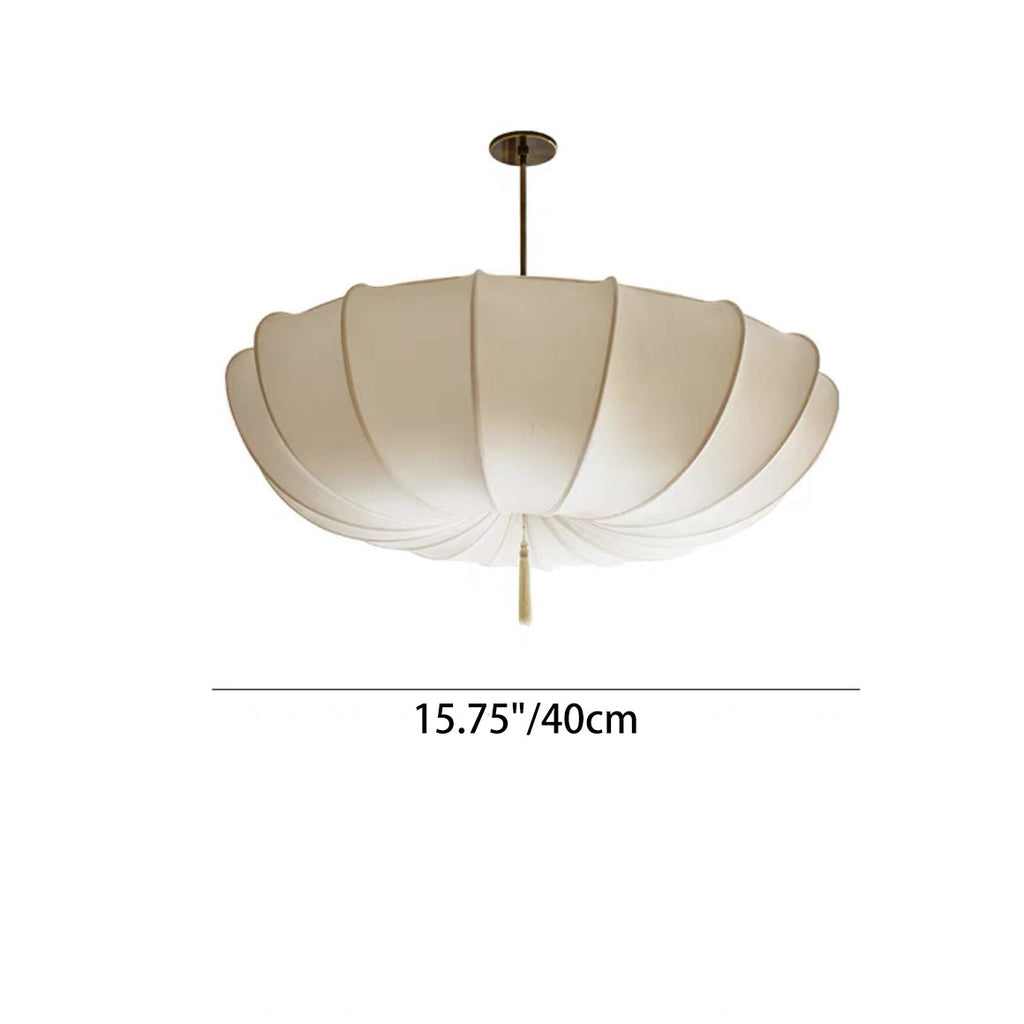 Traditional Japanese Round Iron Frame Fabric Shade Chandelier - 3/5 Light Living Room Fixture