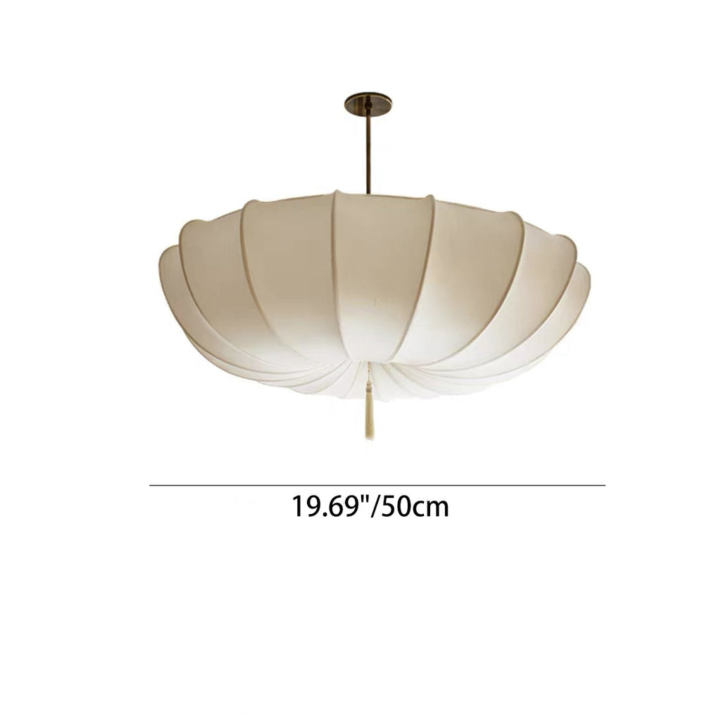 Traditional Japanese Round Iron Frame Fabric Shade Chandelier - 3/5 Light Living Room Fixture
