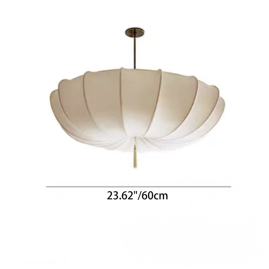 Traditional Japanese Round Iron Frame Fabric Shade Chandelier - 3/5 Light Living Room Fixture