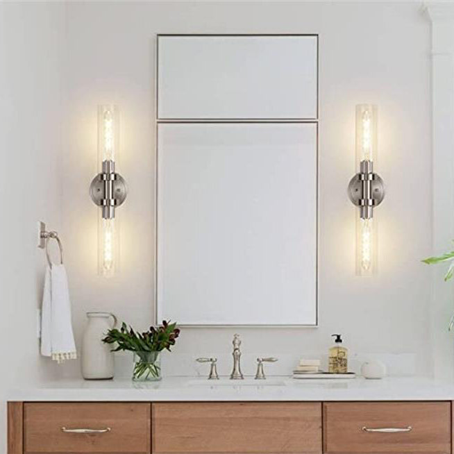 Modern Minimalist 2-Light Cylinder Glass Iron Shade Vanity Light Sconce for Bathroom
