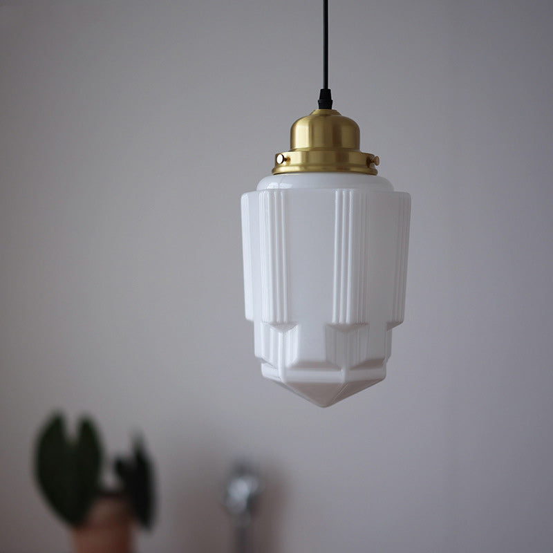 Vintage Brass Glass Pendant Light - Round Cylinder Pagoda 1-Light Fixture for Living Room