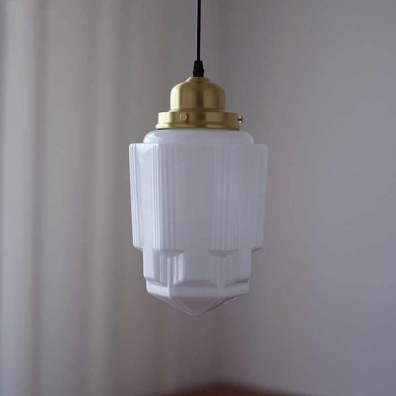 Vintage Brass Glass Pendant Light - Round Cylinder Pagoda 1-Light Fixture for Living Room