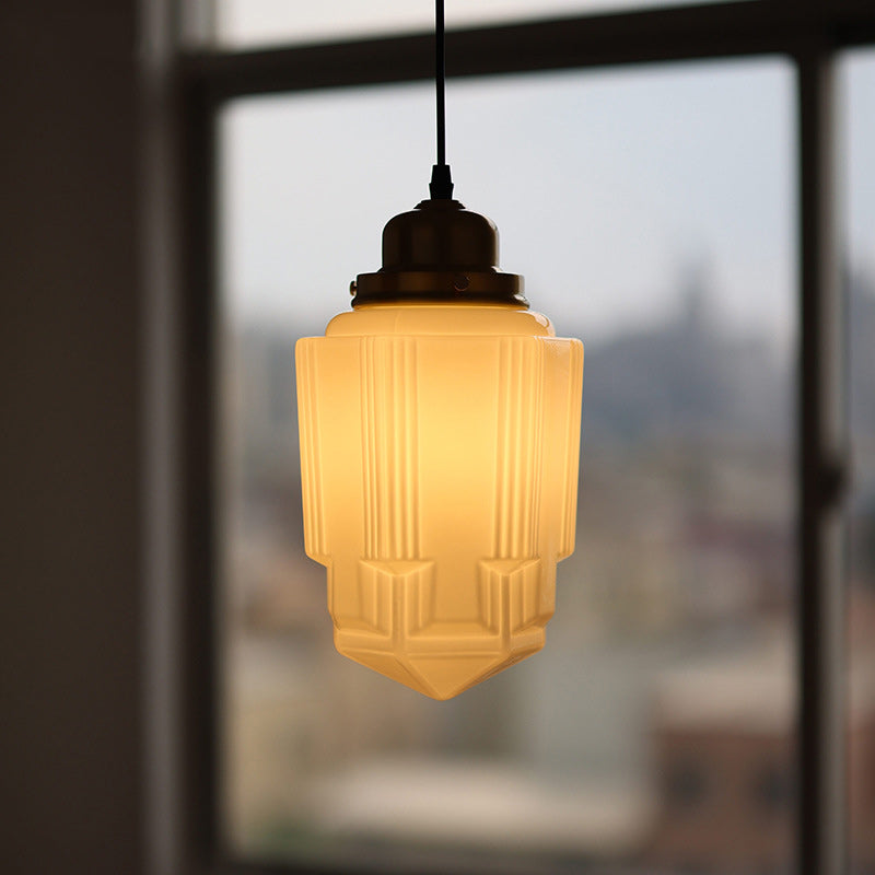 Vintage Brass Glass Pendant Light - Round Cylinder Pagoda 1-Light Fixture for Living Room