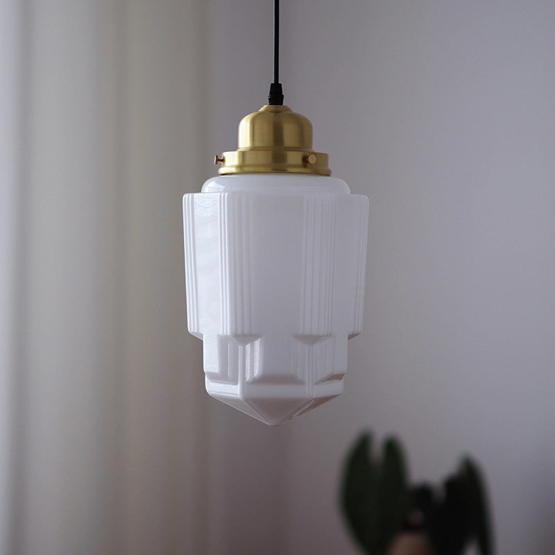 Vintage Brass Glass Pendant Light - Round Cylinder Pagoda 1-Light Fixture for Living Room