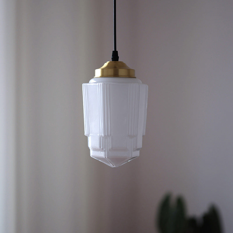 Vintage Brass Glass Pendant Light - Round Cylinder Pagoda 1-Light Fixture for Living Room
