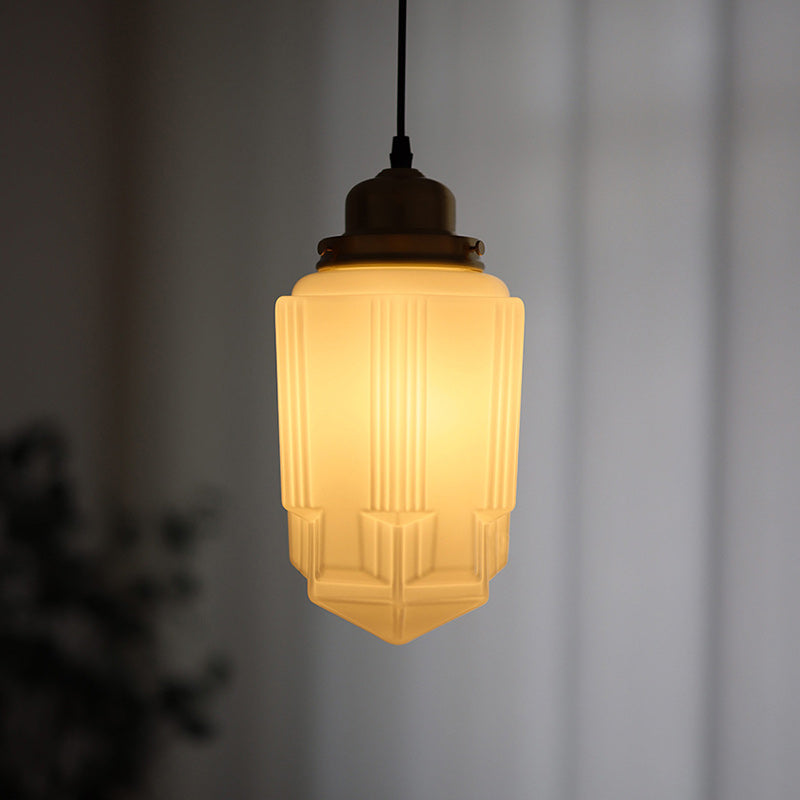 Vintage Brass Glass Pendant Light - Round Cylinder Pagoda 1-Light Fixture for Living Room