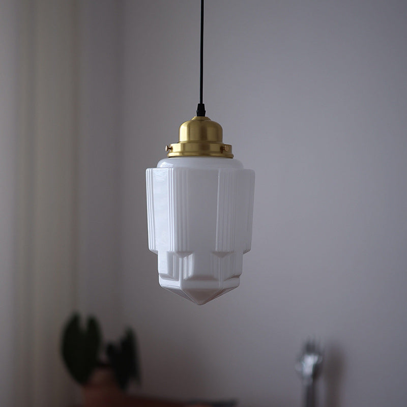 Vintage Brass Glass Pendant Light - Round Cylinder Pagoda 1-Light Fixture for Living Room