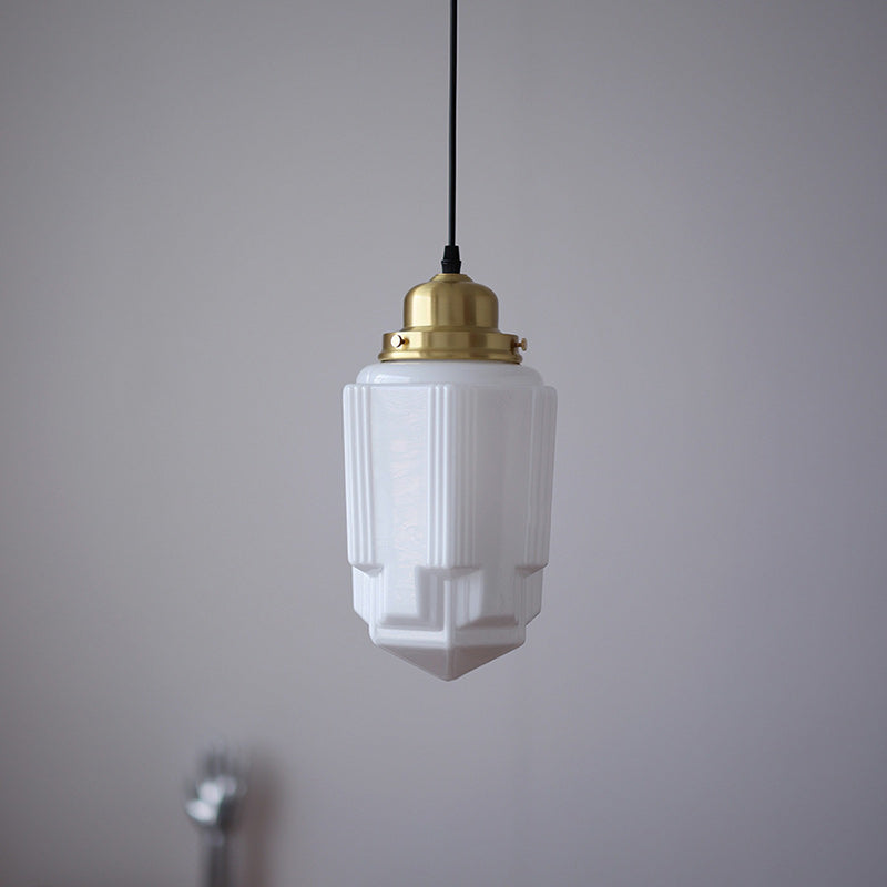 Vintage Brass Glass Pendant Light - Round Cylinder Pagoda 1-Light Fixture for Living Room