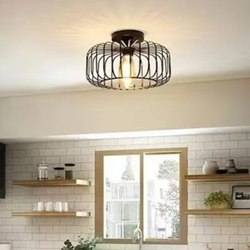 Modern Minimalist Round Line Cage Iron Semi-Flush Mount Light for Living Room
