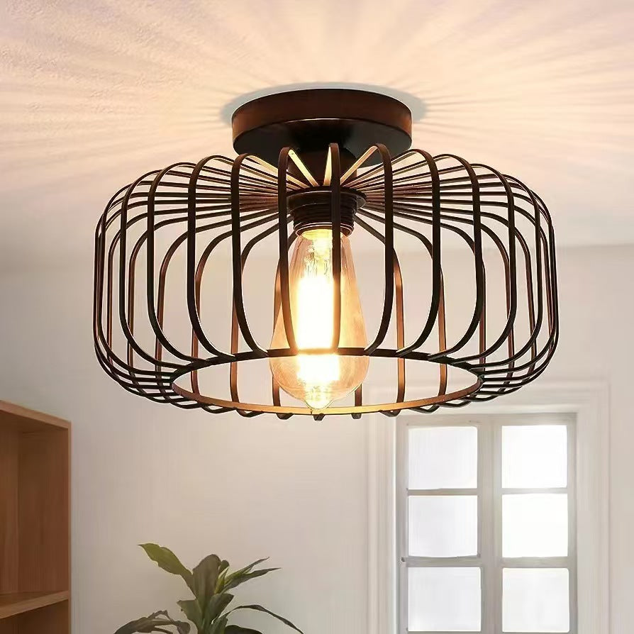 Modern Minimalist Round Line Cage Iron Semi-Flush Mount Light for Living Room