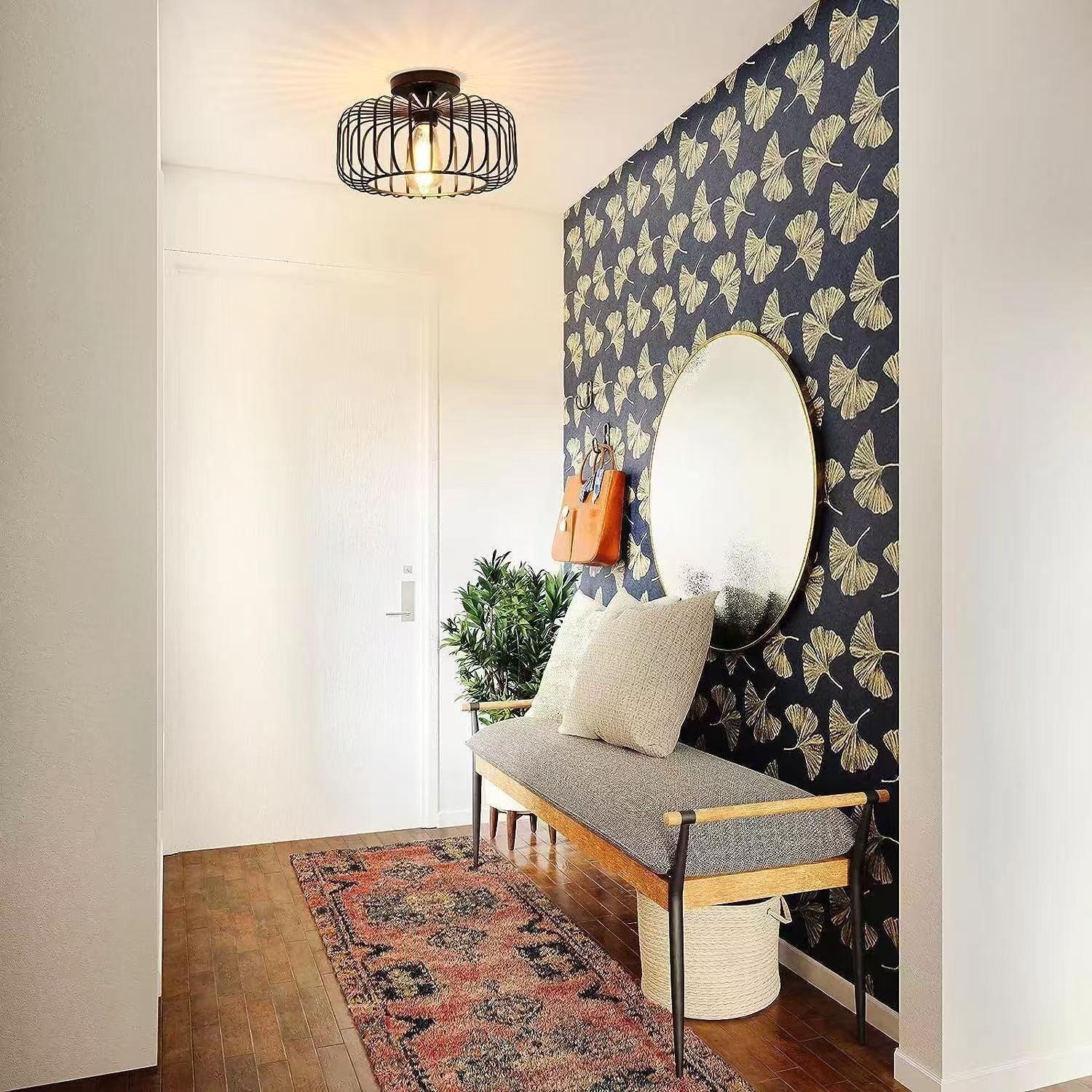 Modern Minimalist Round Line Cage Iron Semi-Flush Mount Light for Living Room
