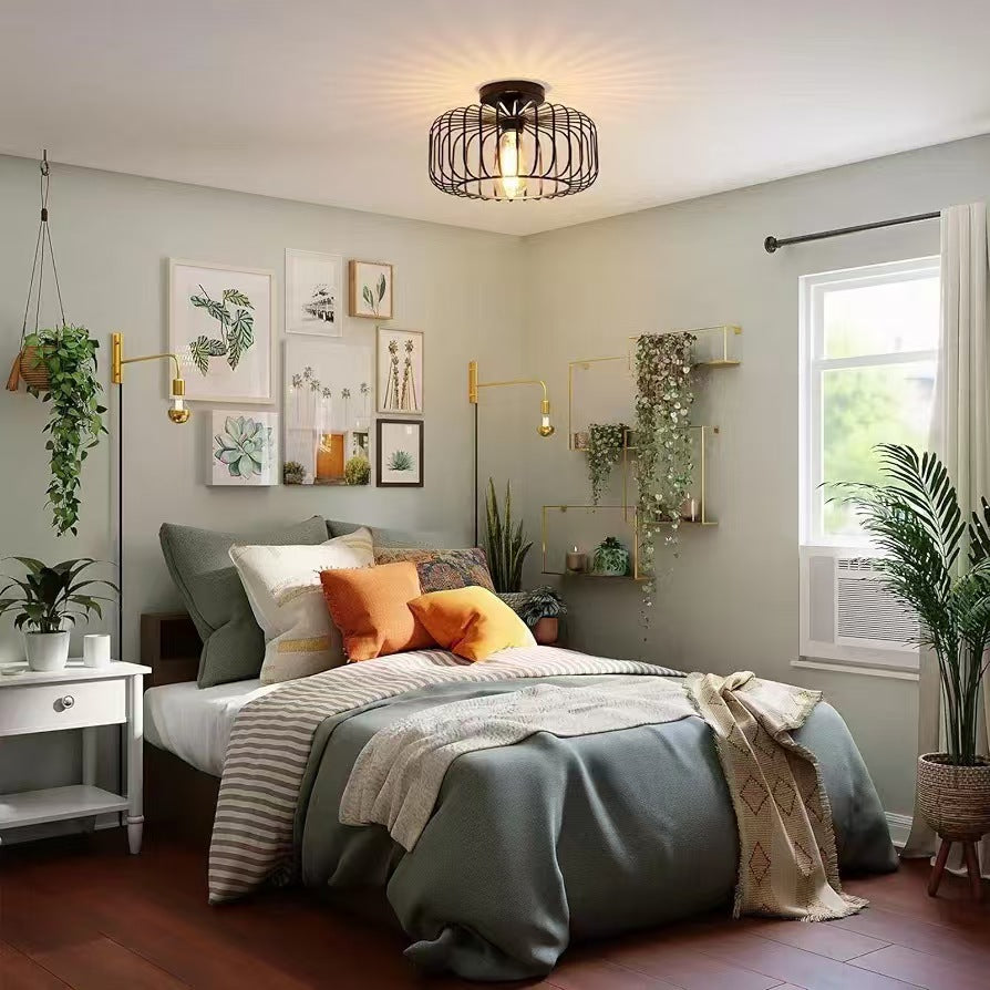 Modern Minimalist Round Line Cage Iron Semi-Flush Mount Light for Living Room