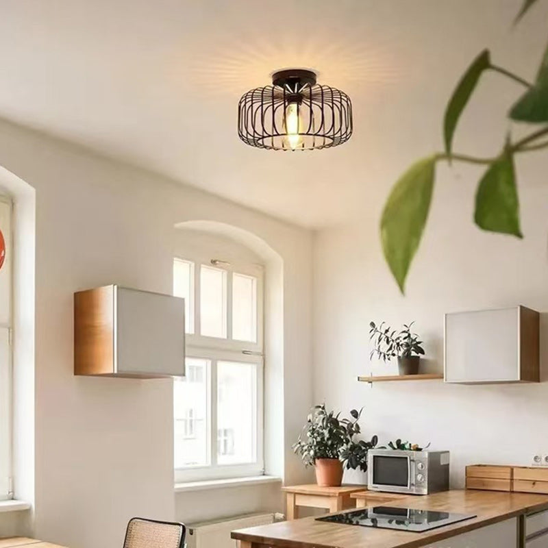 Modern Minimalist Round Line Cage Iron Semi-Flush Mount Light for Living Room