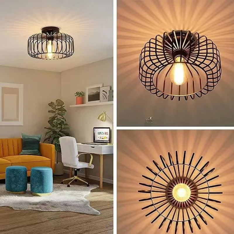 Modern Minimalist Round Line Cage Iron Semi-Flush Mount Light for Living Room