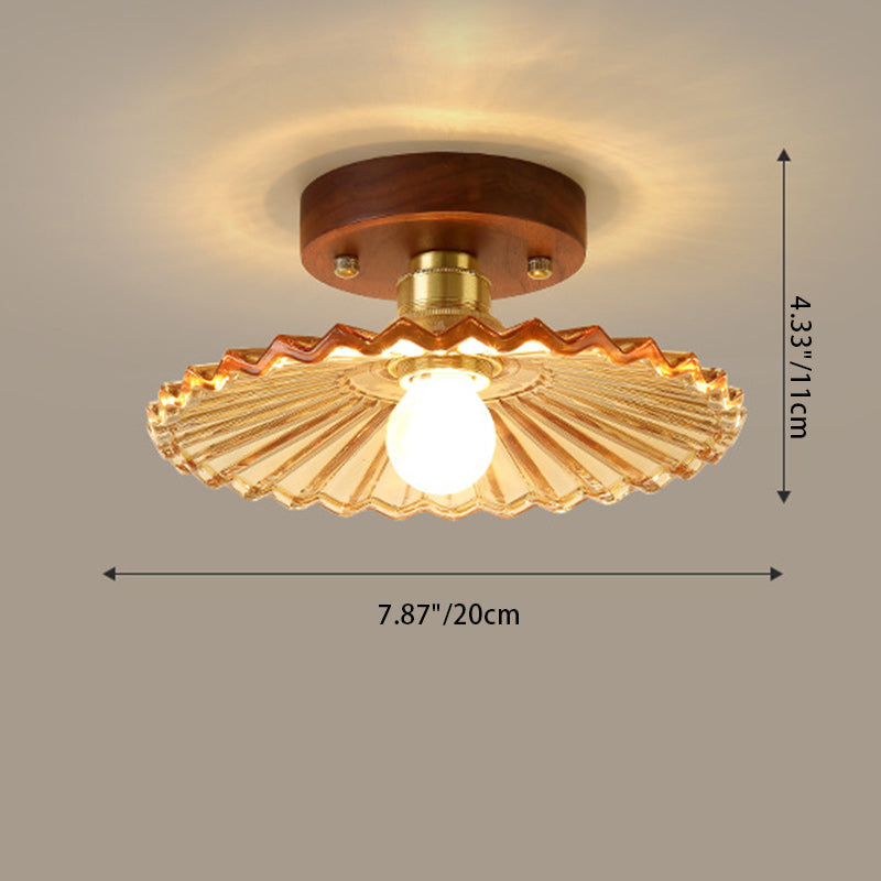 Traditional French Cone Wood Glass Copper 1-Light Semi-Flush Mount Ceiling Light