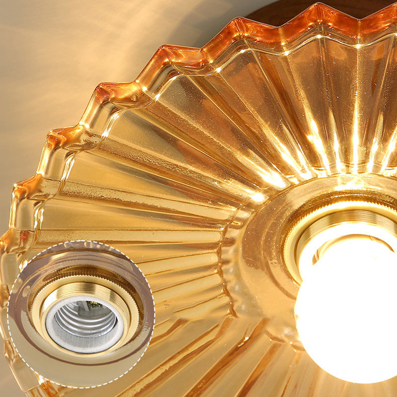 Traditional French Cone Wood Glass Copper 1-Light Semi-Flush Mount Ceiling Light