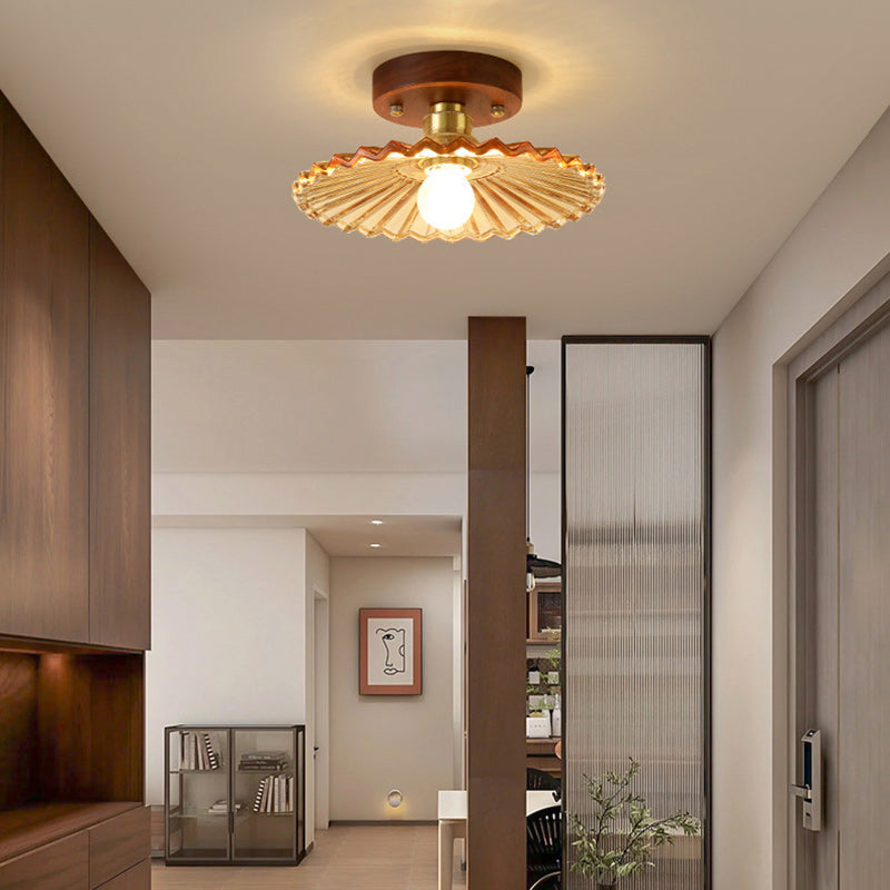 Traditional French Cone Wood Glass Copper 1-Light Semi-Flush Mount Ceiling Light