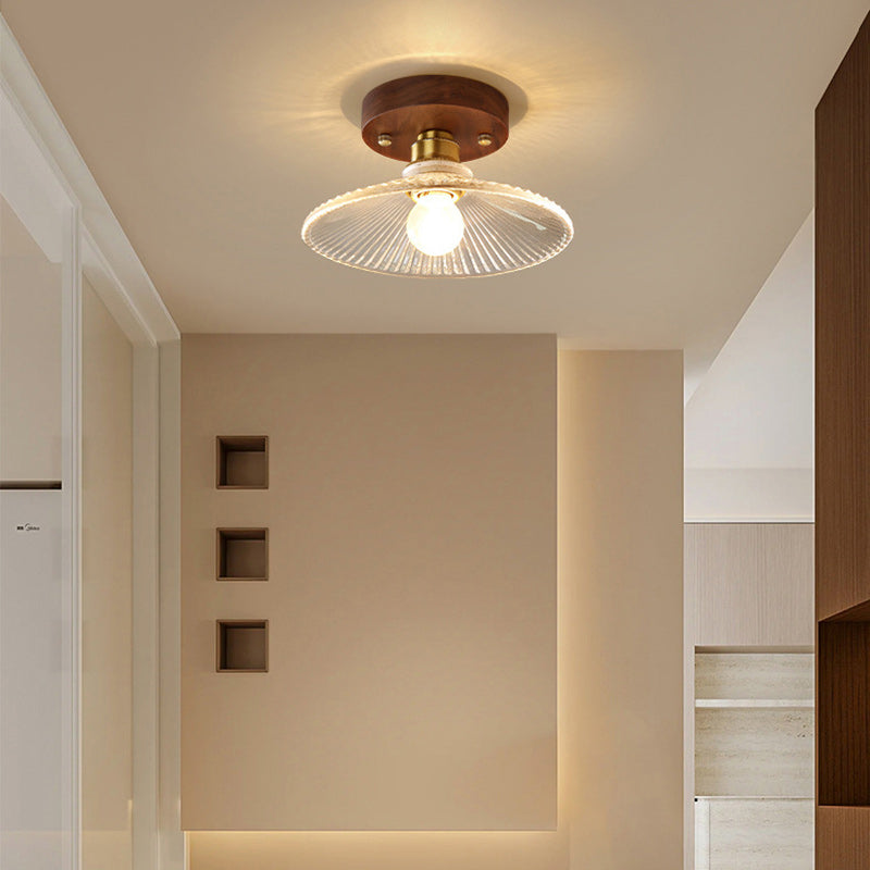 Traditional French Cone Wood Glass Copper 1-Light Semi-Flush Mount Ceiling Light