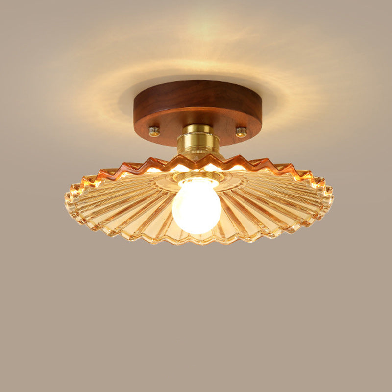 Traditional French Cone Wood Glass Copper 1-Light Semi-Flush Mount Ceiling Light