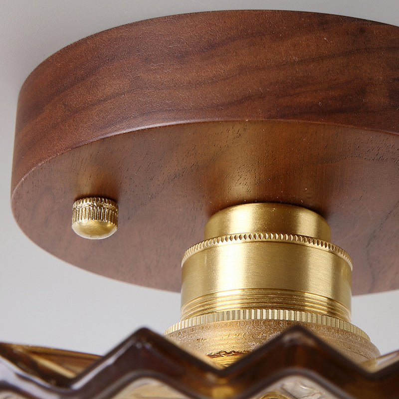 Traditional French Cone Wood Glass Copper 1-Light Semi-Flush Mount Ceiling Light