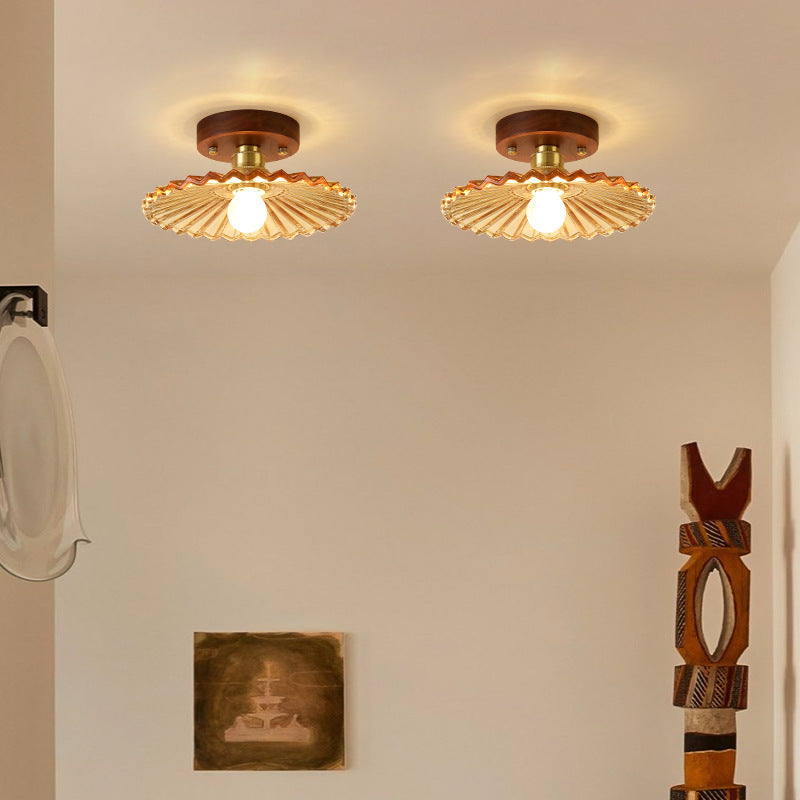 Traditional French Cone Wood Glass Copper 1-Light Semi-Flush Mount Ceiling Light