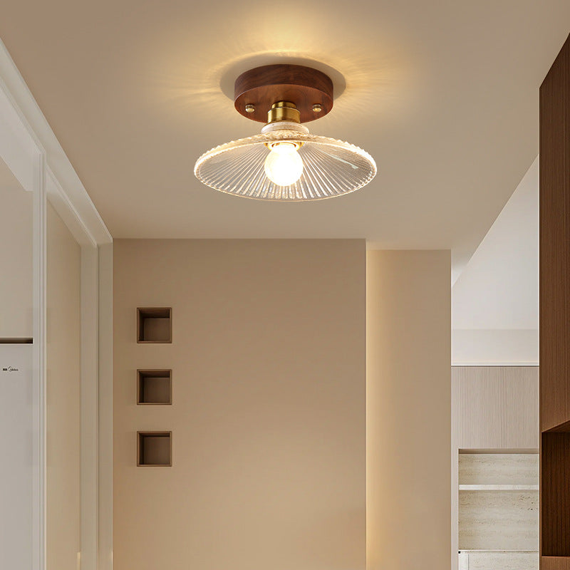 Traditional French Cone Wood Glass Copper 1-Light Semi-Flush Mount Ceiling Light