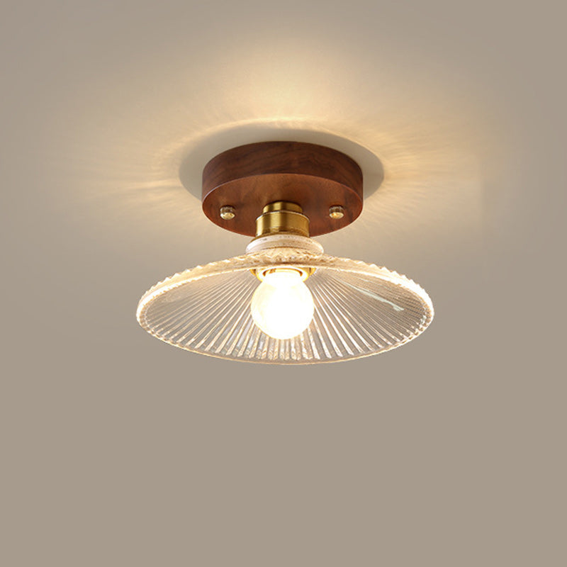 Traditional French Cone Wood Glass Copper 1-Light Semi-Flush Mount Ceiling Light
