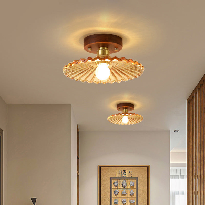 Traditional French Cone Wood Glass Copper 1-Light Semi-Flush Mount Ceiling Light