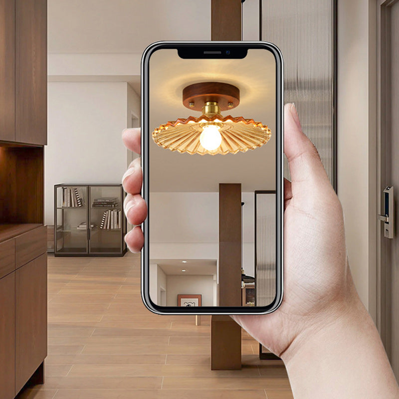 Traditional French Cone Wood Glass Copper 1-Light Semi-Flush Mount Ceiling Light