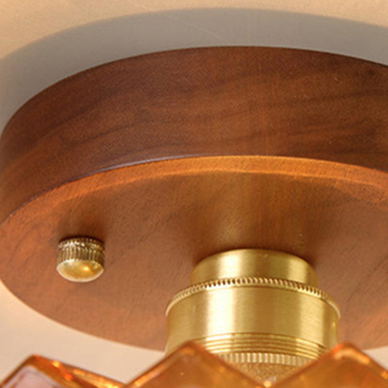 Traditional French Cone Wood Glass Copper 1-Light Semi-Flush Mount Ceiling Light