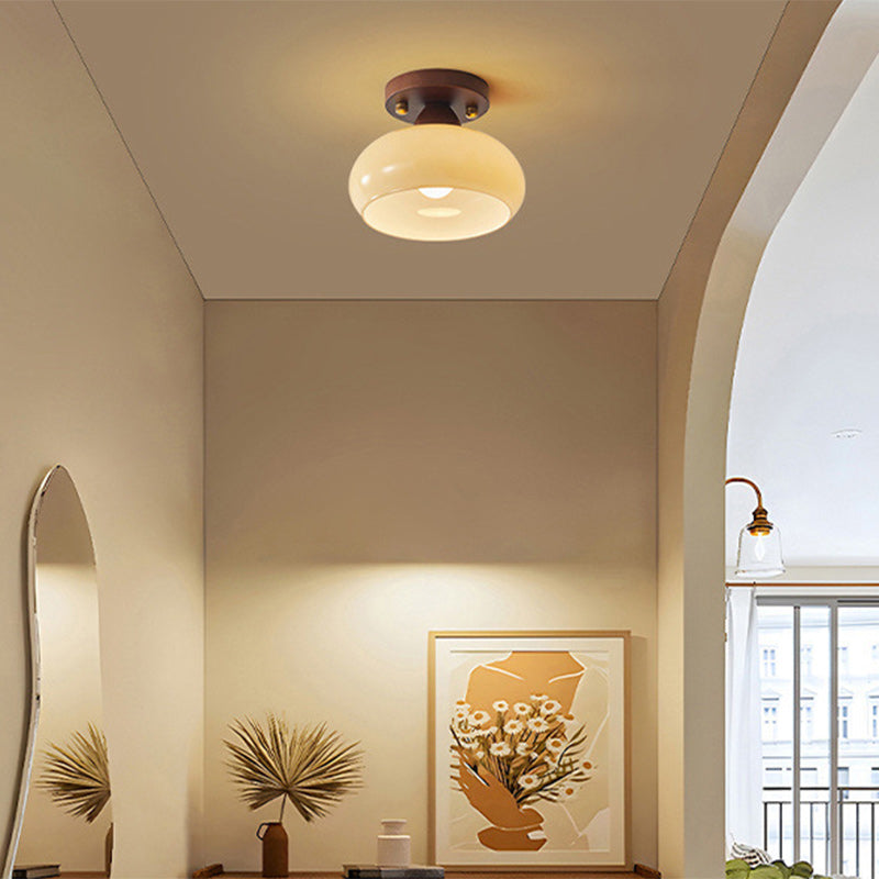 Vintage Dome Iron Wood Glass Semi-Flush Mount Ceiling Light for Living Room