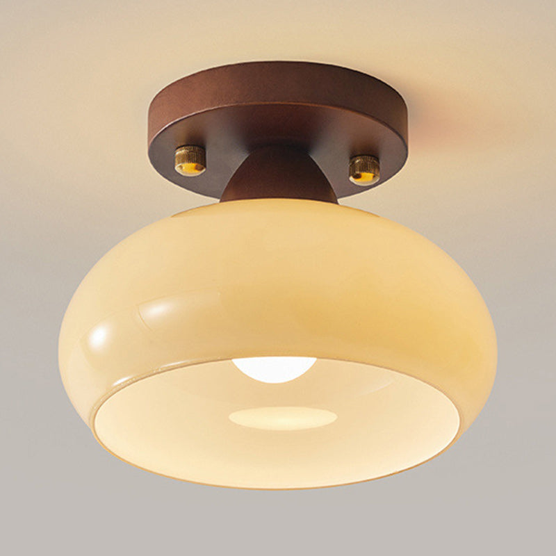 Vintage Dome Iron Wood Glass Semi-Flush Mount Ceiling Light for Living Room