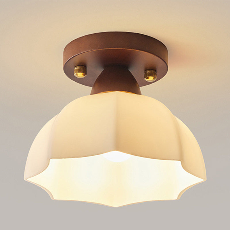 Vintage Dome Iron Wood Glass Semi-Flush Mount Ceiling Light for Living Room