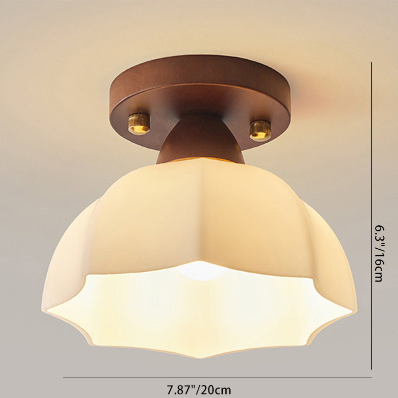 Vintage Dome Iron Wood Glass Semi-Flush Mount Ceiling Light for Living Room