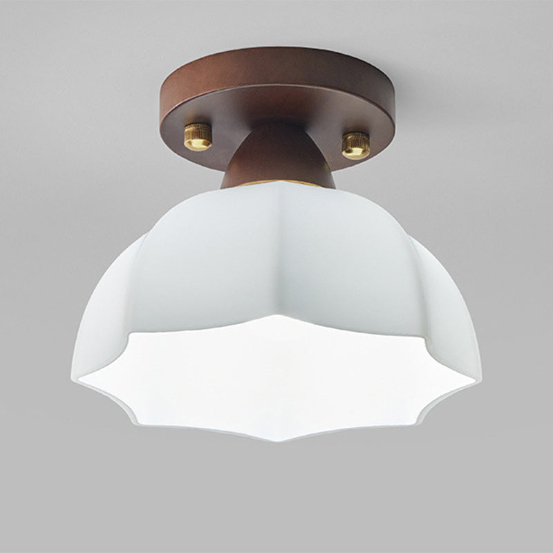 Vintage Dome Iron Wood Glass Semi-Flush Mount Ceiling Light for Living Room
